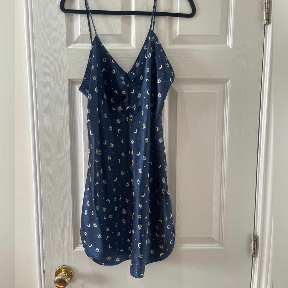 Vintage Navy Blue Slip Dress with Moon and Star Pattern
